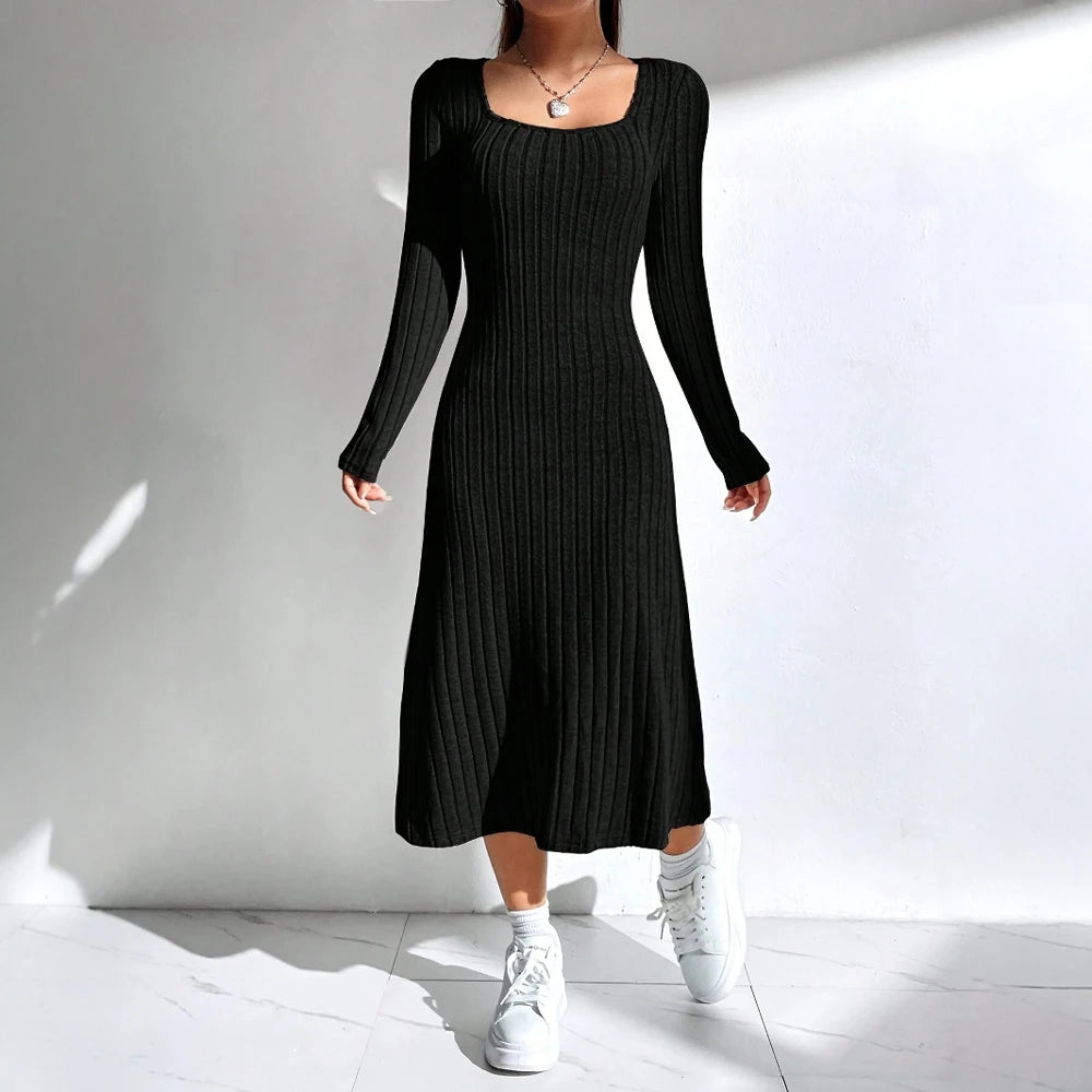 2025 Solid Color Long Sleeve Square Neck Nipped Waists Dresses For Women