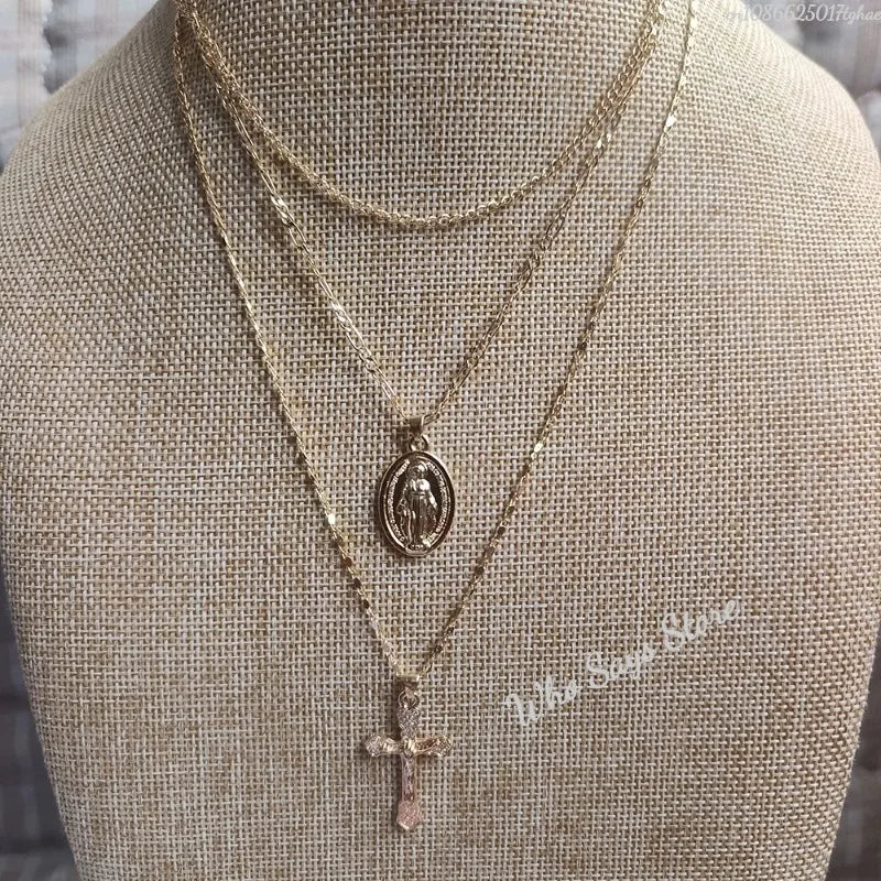 3 Layer Necklace Oval-shaped Virgin Mary Madonna Pendant Jesus Cross Metal Plated Chain Women Gift