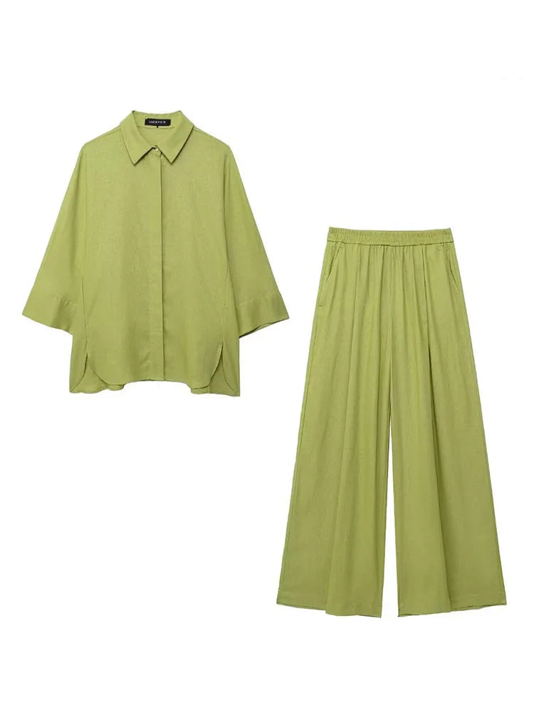 2 Piece Set Elastic Waist Pocket Folds Decorate Wide Leg Pants+Solid Single-Breasted Slit Hem Blouse Top