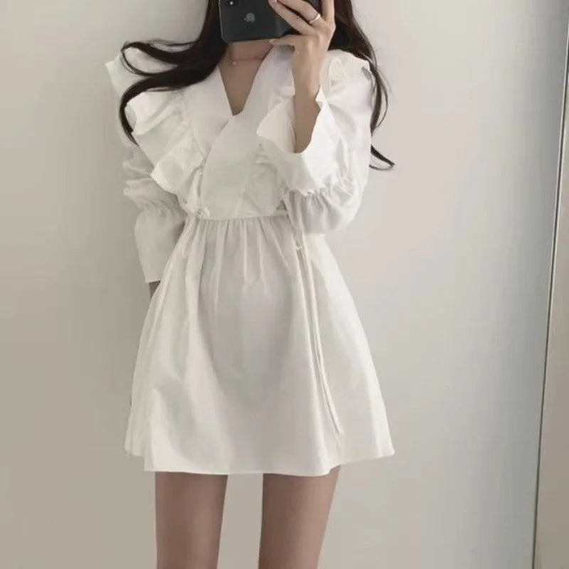 Woman Long Sleeve Dress Tie-up