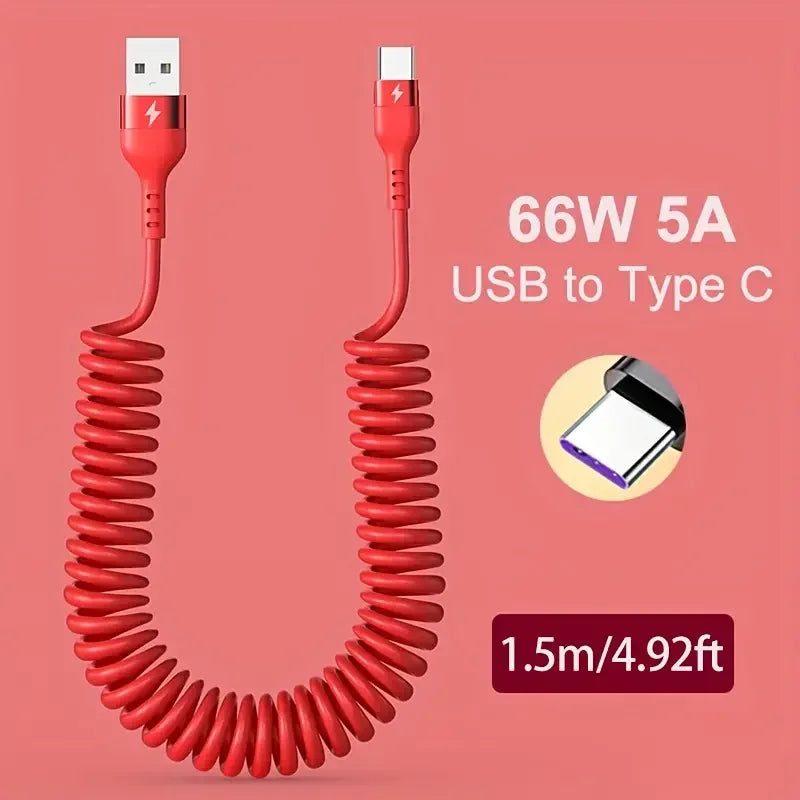 66W 5A USB Type C Cable Fast Charging Spring Telescopic PD60W Type C To USB C Phone Charge Cable For Huawei Xiaomi Redmi Honor