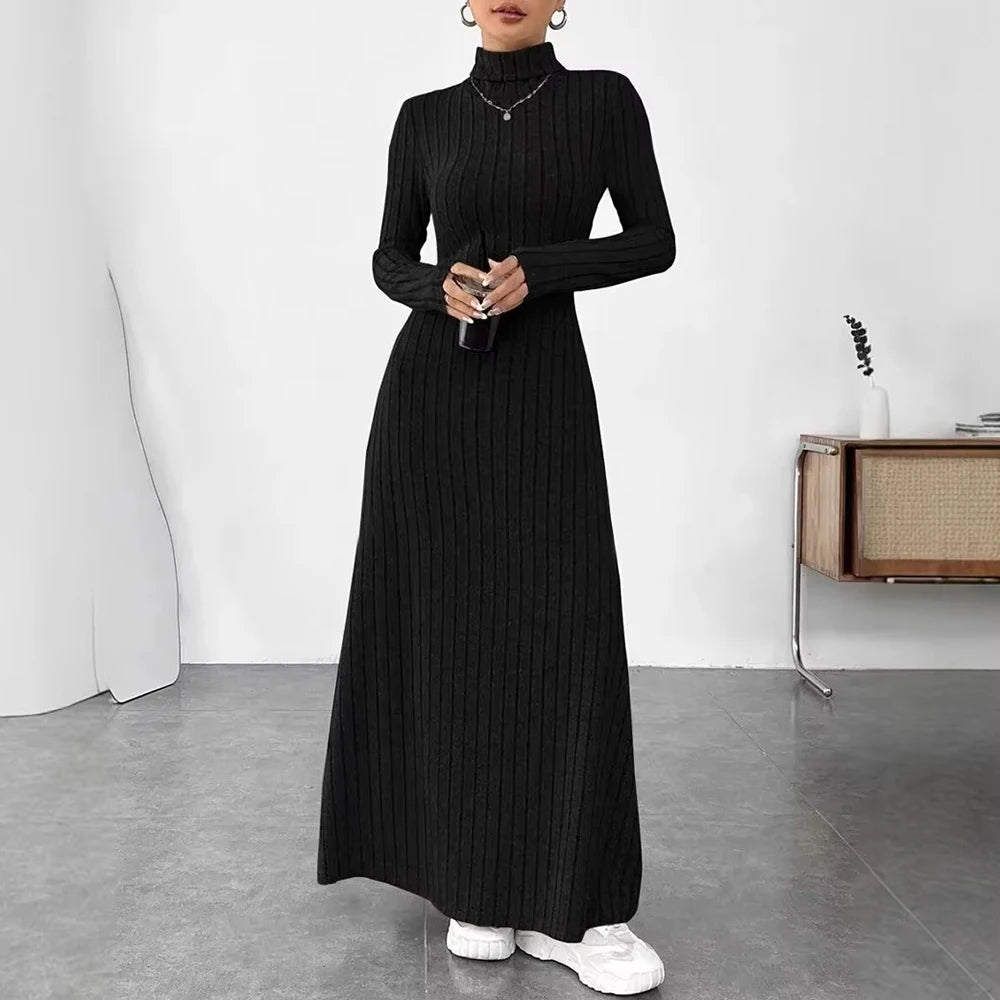 2025 Women's Daily Basic Casual Solid Color Long Sleeve Mock Neck Fitting Slim Long Dress