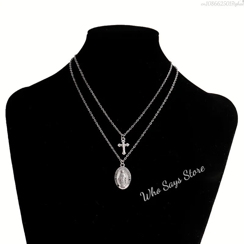 3 Layer Necklace Oval-shaped Virgin Mary Madonna Pendant Jesus Cross Metal Plated Chain Women Gift