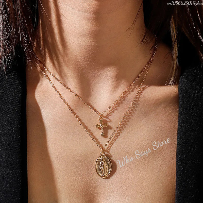 3 Layer Necklace Oval-shaped Virgin Mary Madonna Pendant Jesus Cross Metal Plated Chain Women Gift