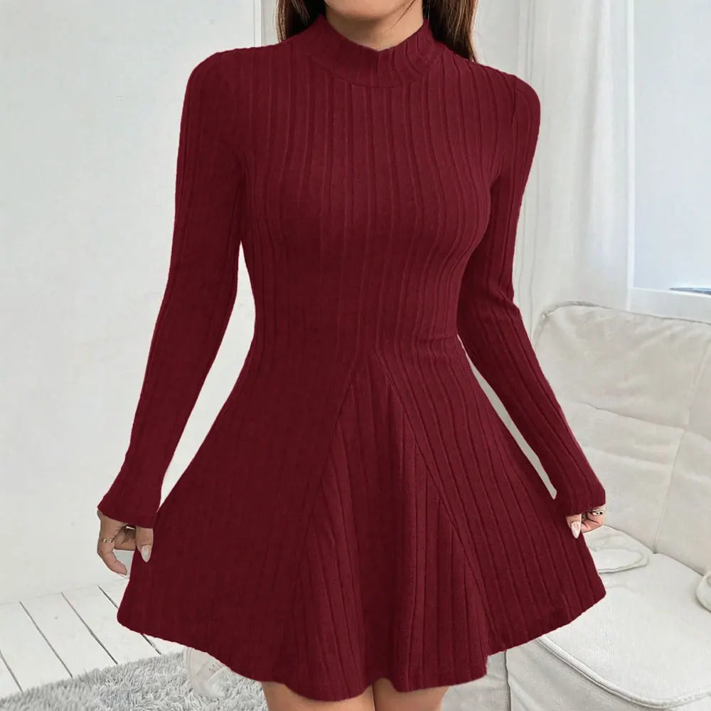 Solid Color Long Sleeve Mock Neck Fitting Slim Dress