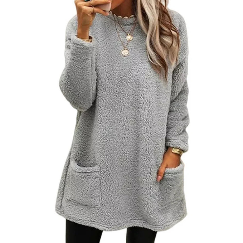 Women's Pullover Autumn Winter Casual Comfortable Plain Fleecing Pockets Long Sleeve Crew Neck Daily Pullover