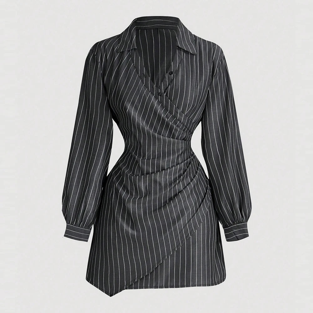 2025 Women's K-Fashion Nipped Waists Stripes Long Sleeve V-Neck A-Line Mini Work Dresses
