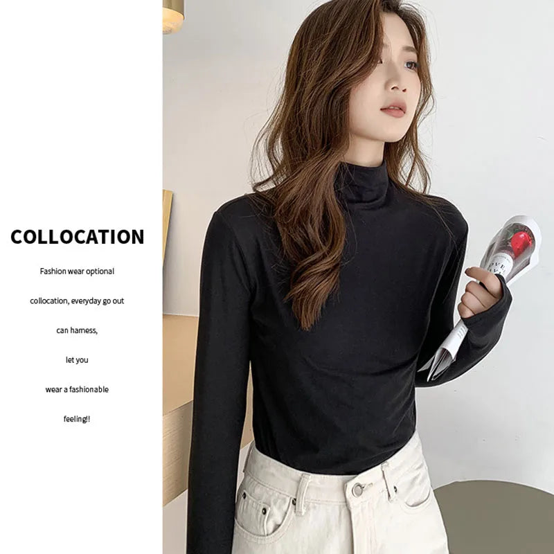 Solid Basic Modal Turtleneck Tshirts Women