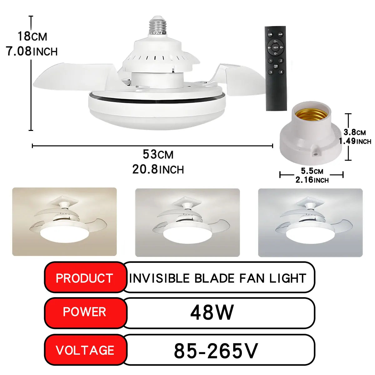 LED 30W ceiling fan light E27 with remote control for dimming,