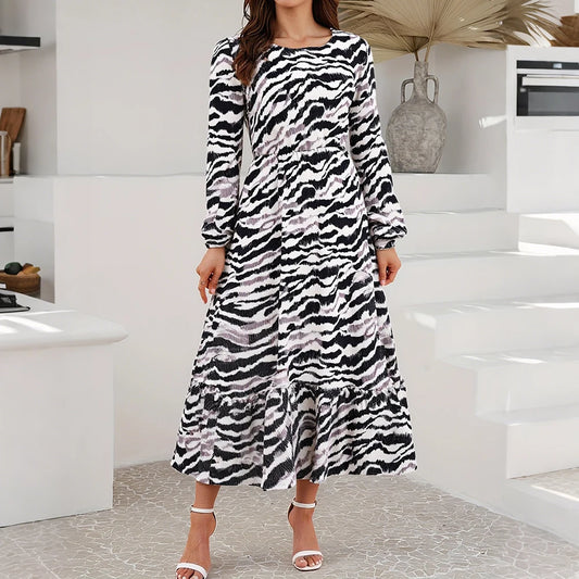 Long Sleeve Crew Neck Midi A-Line Shift Long Dresses