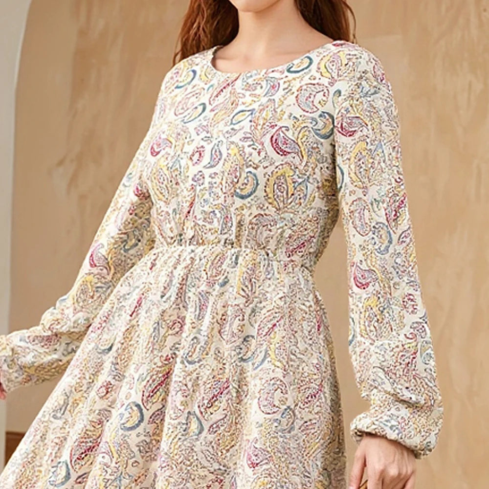 Chic Basic Paisley Long Sleeve Round Neck Midi  Long Dresses
