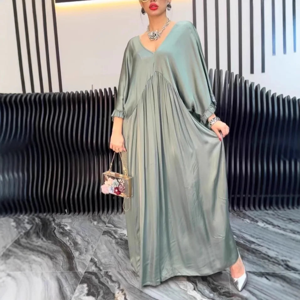 V-neck Satin Ruffle Sleeves Pleated Loose High Waisted Big Swing Dress Robe