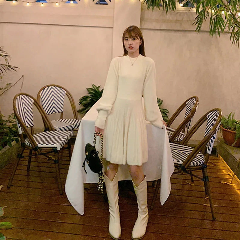 Sweet Cute Pink Faux Mink Cashmere Dress Women 2025