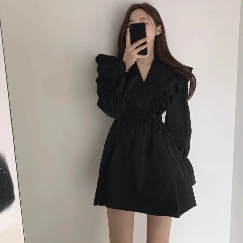 Woman Long Sleeve Dress Tie-up