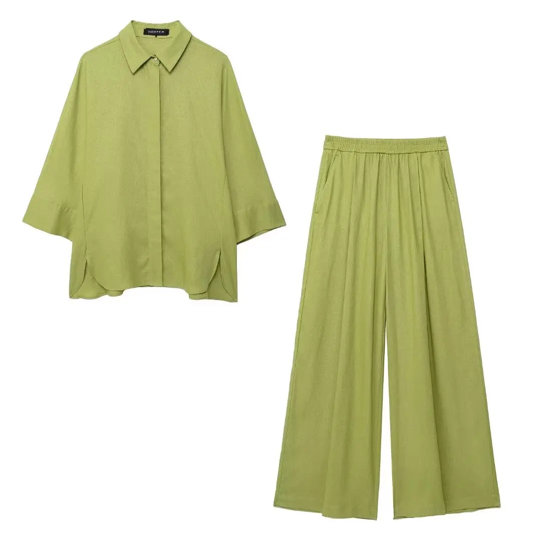 2 Piece Set Elastic Waist Pocket Folds Decorate Wide Leg Pants+Solid Single-Breasted Slit Hem Blouse Top