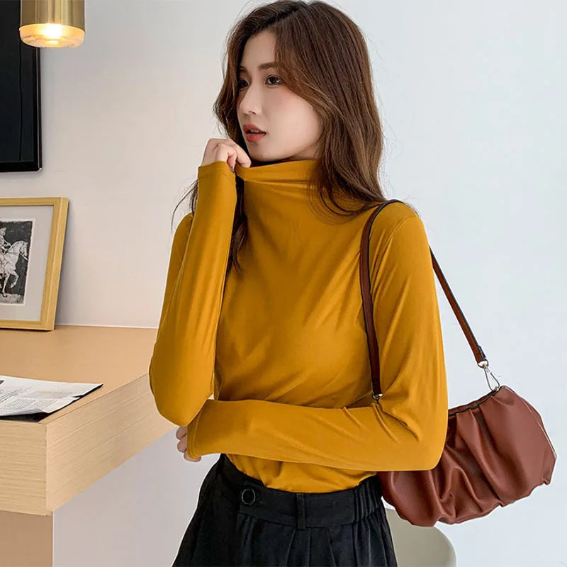 Solid Basic Modal Turtleneck Tshirts Women