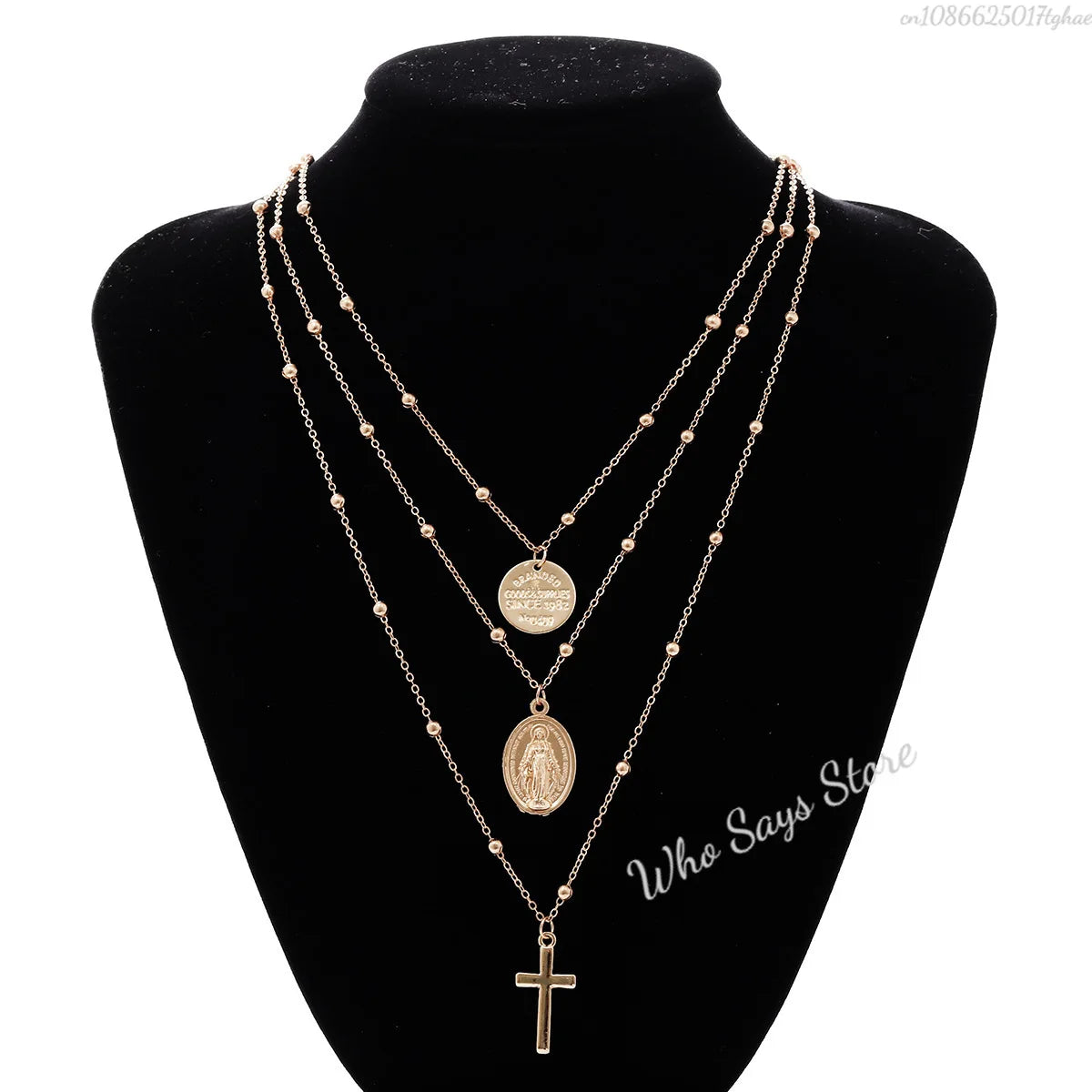 3 Layer Necklace Oval-shaped Virgin Mary Madonna Pendant Jesus Cross Metal Plated Chain Women Gift