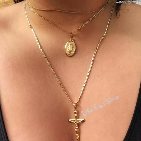 3 Layer Necklace Oval-shaped Virgin Mary Madonna Pendant Jesus Cross Metal Plated Chain Women Gift