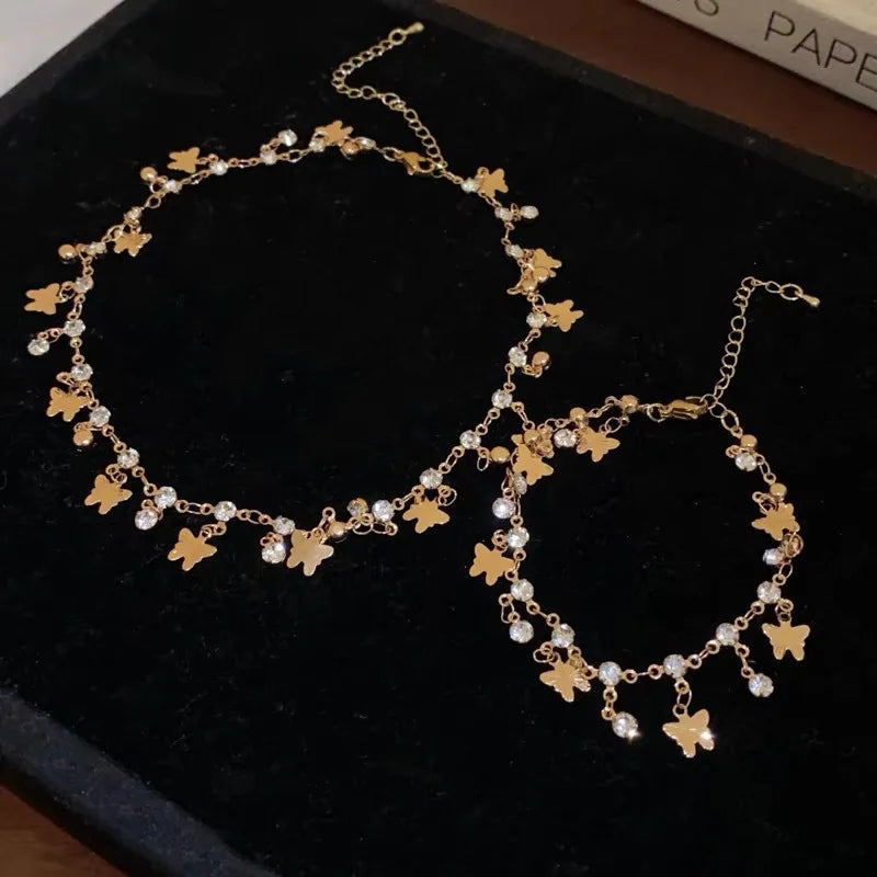 Korean Fashion Shiny Zircon Butterfly Pendant Necklace for Women Sweet Aesthetic Charm Tassels Bracelets Trend Y2K Jewelry Set