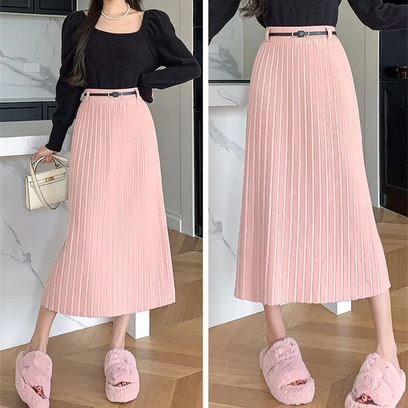Fashion Temperament Gray Knitted Long Skirt Women Ko
