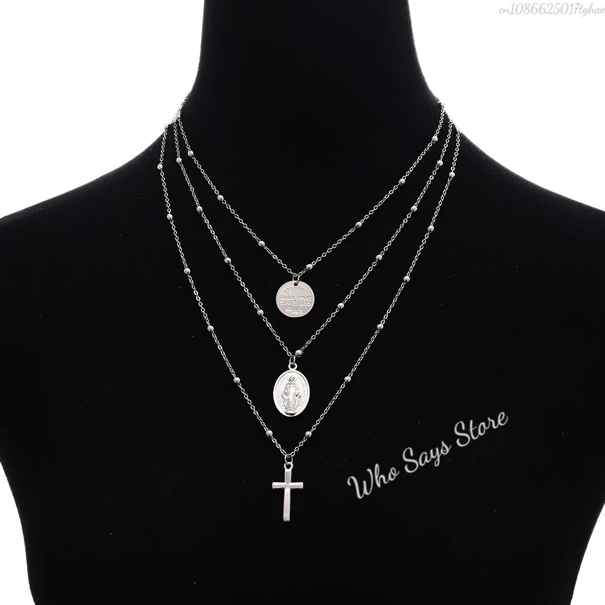 3 Layer Necklace Oval-shaped Virgin Mary Madonna Pendant Jesus Cross Metal Plated Chain Women Gift