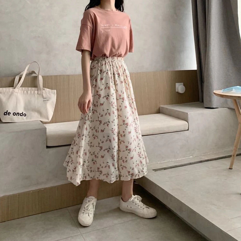 A-line Pleated Long Skirts Summer Women  Elastic Waist Midi Skirt