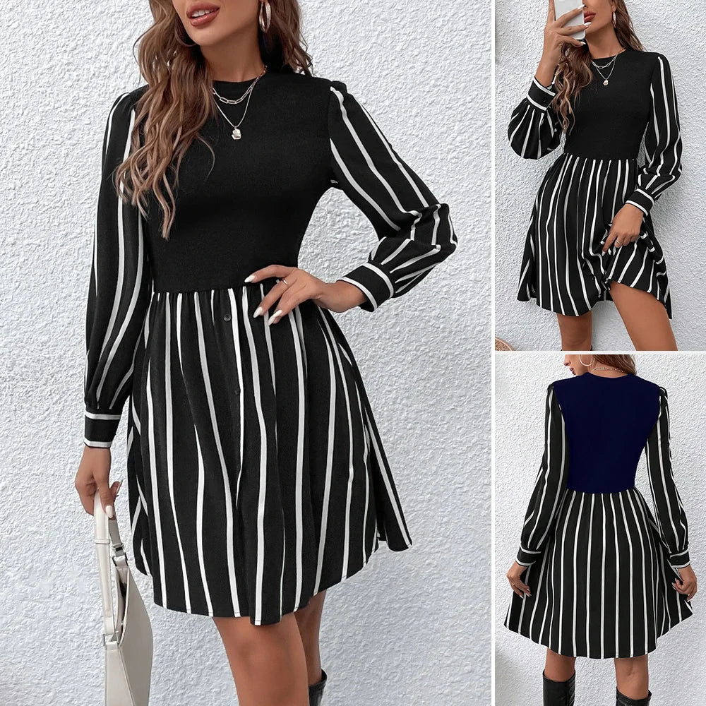 2025 Women's Long Sleeve Round-Neck Stripes Hem Simple Decent Dresses