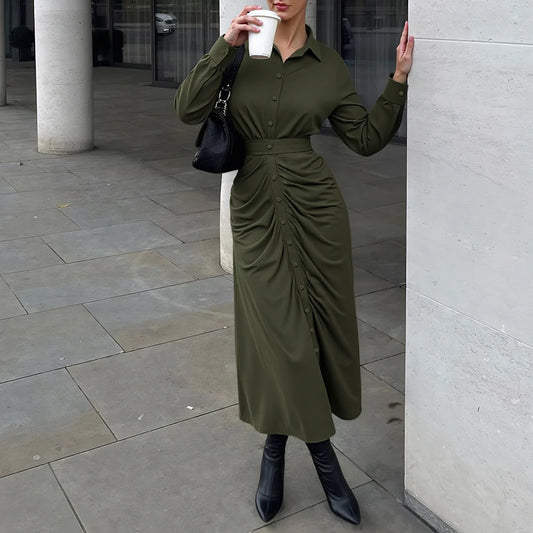Women's Elegant Plain Long Sleeve Lapel Button Front Fitting Slim Office Lady Dresses
