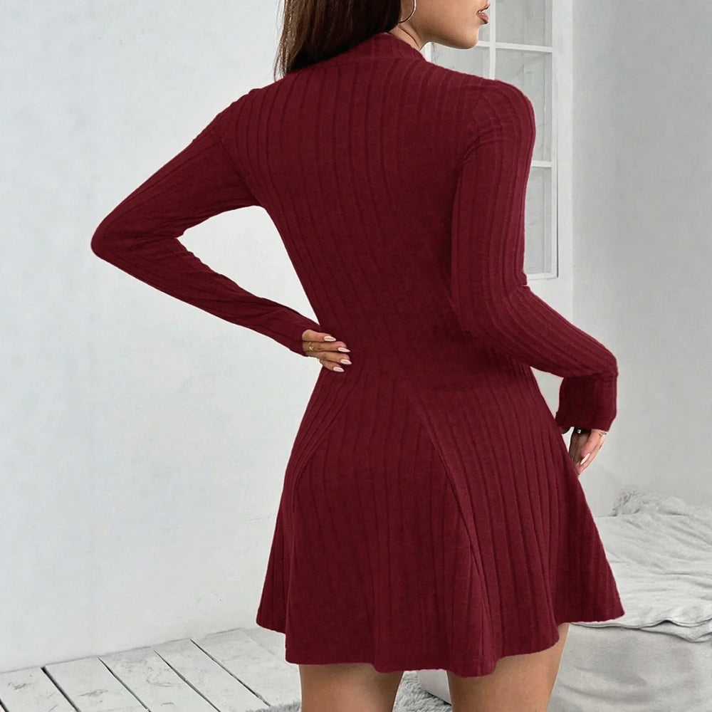 Solid Color Long Sleeve Mock Neck Fitting Slim Dress