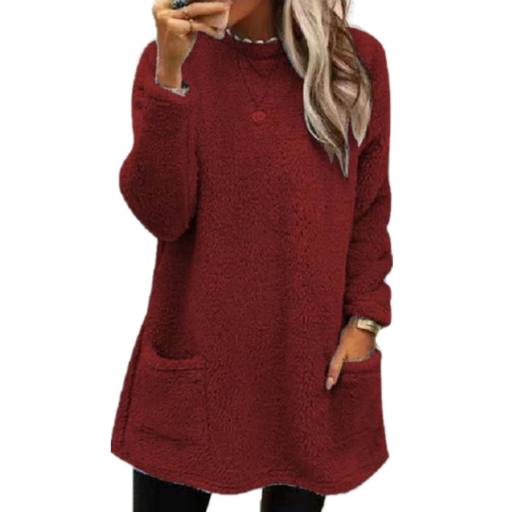 Women's Pullover Autumn Winter Casual Comfortable Plain Fleecing Pockets Long Sleeve Crew Neck Daily Pullover