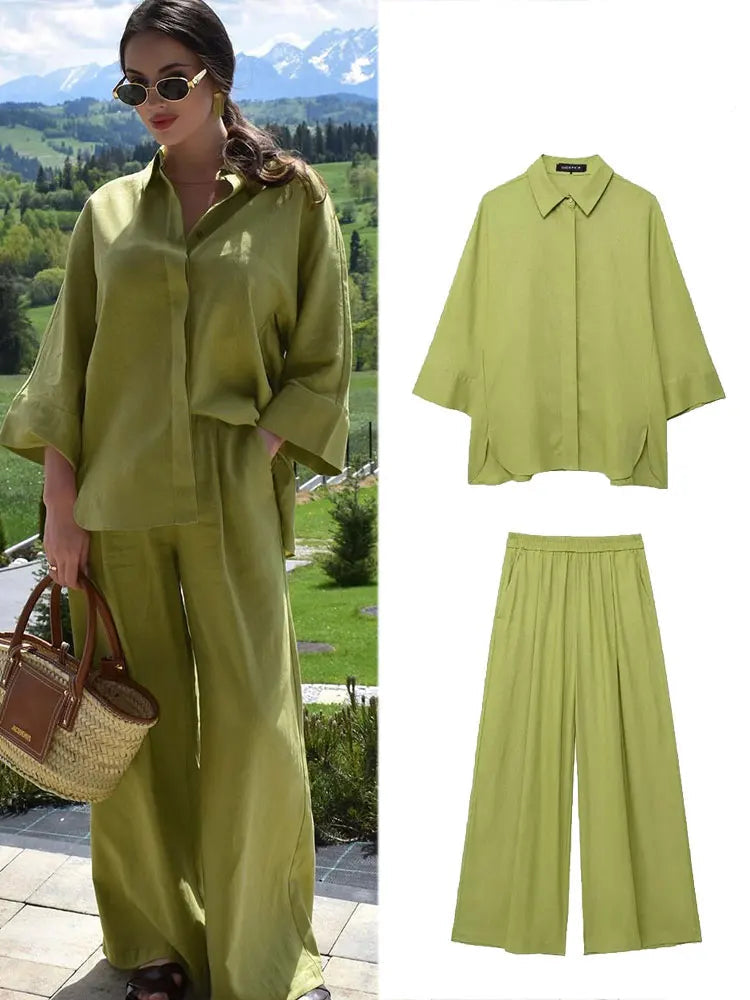 2 Piece Set Elastic Waist Pocket Folds Decorate Wide Leg Pants+Solid Single-Breasted Slit Hem Blouse Top