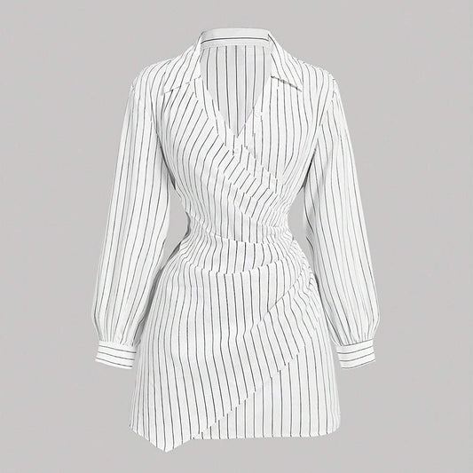 2025 Women's K-Fashion Nipped Waists Stripes Long Sleeve V-Neck A-Line Mini Work Dresses