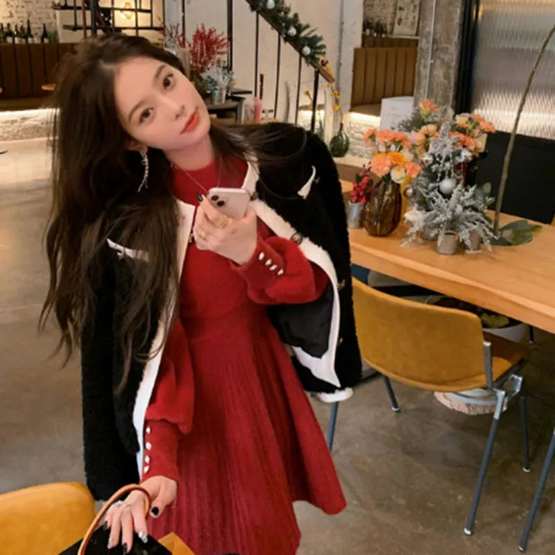 Sweet Cute Pink Faux Mink Cashmere Dress Women 2025