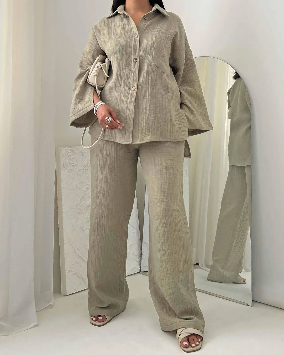 Women Two Piece Set Splice Pocket Shirt Wide Leg Pants Ensemble Dubai