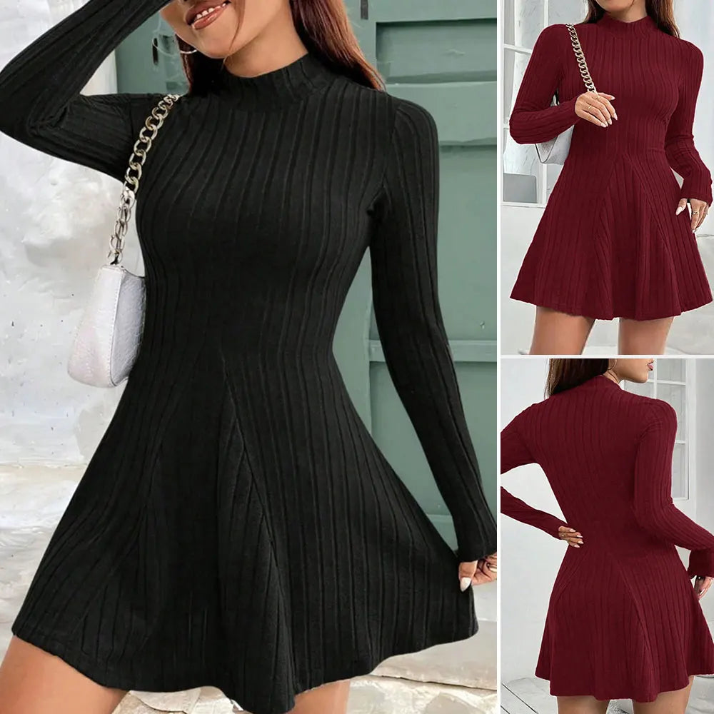 Solid Color Long Sleeve Mock Neck Fitting Slim Dress