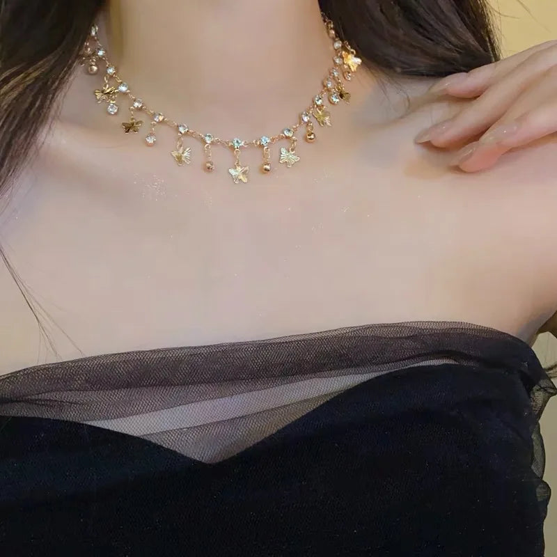 Korean Fashion Shiny Zircon Butterfly Pendant Necklace for Women Sweet Aesthetic Charm Tassels Bracelets Trend Y2K Jewelry Set