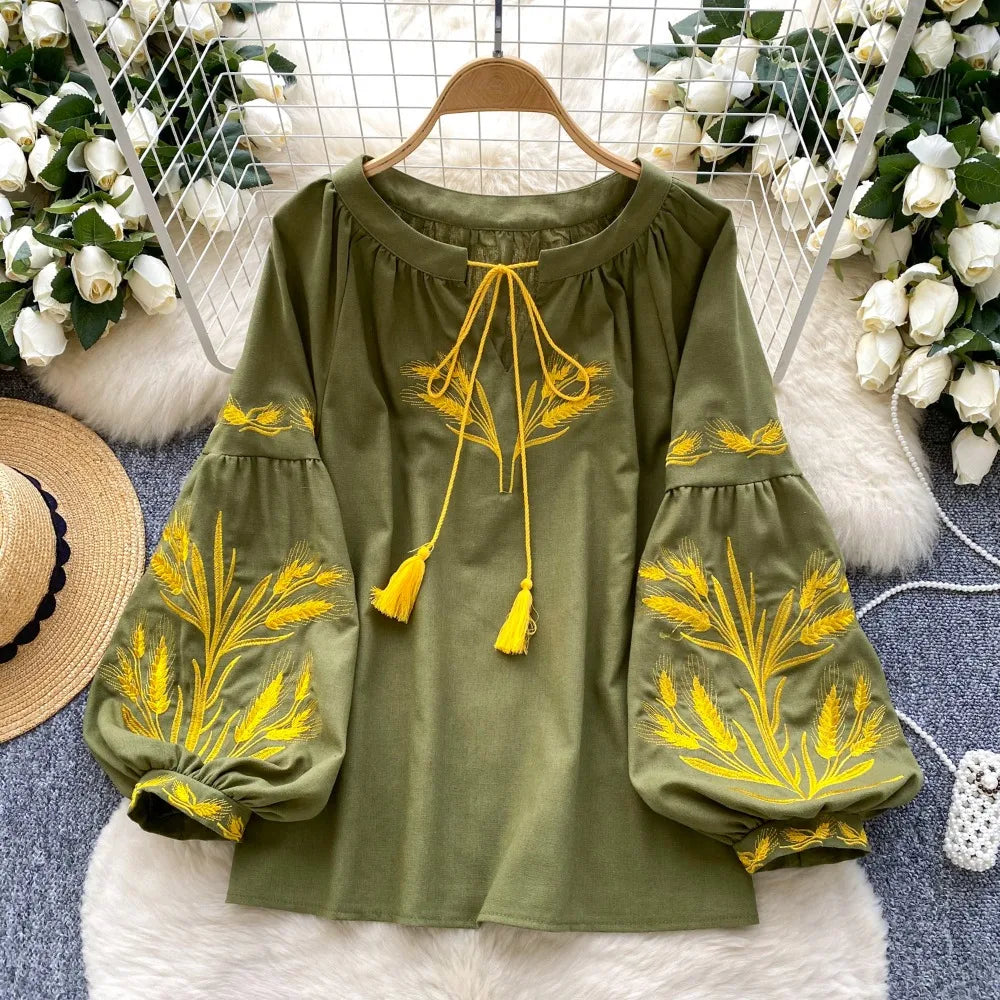 Neck Embroidery Lantern Blouses