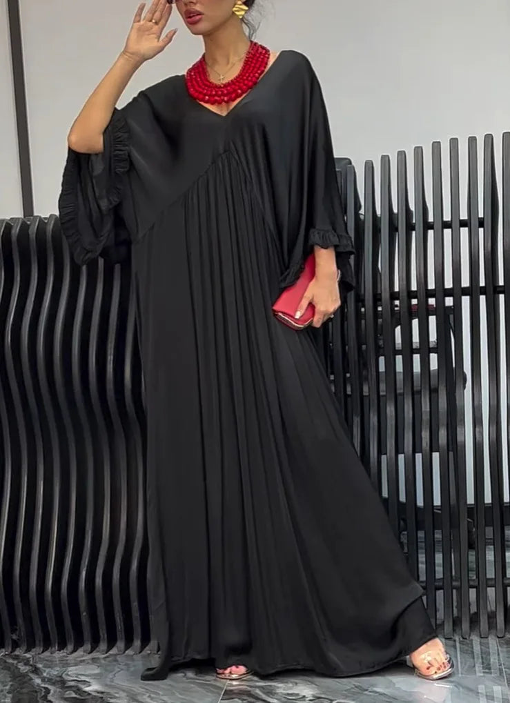 V-neck Satin Ruffle Sleeves Pleated Loose High Waisted Big Swing Dress Robe