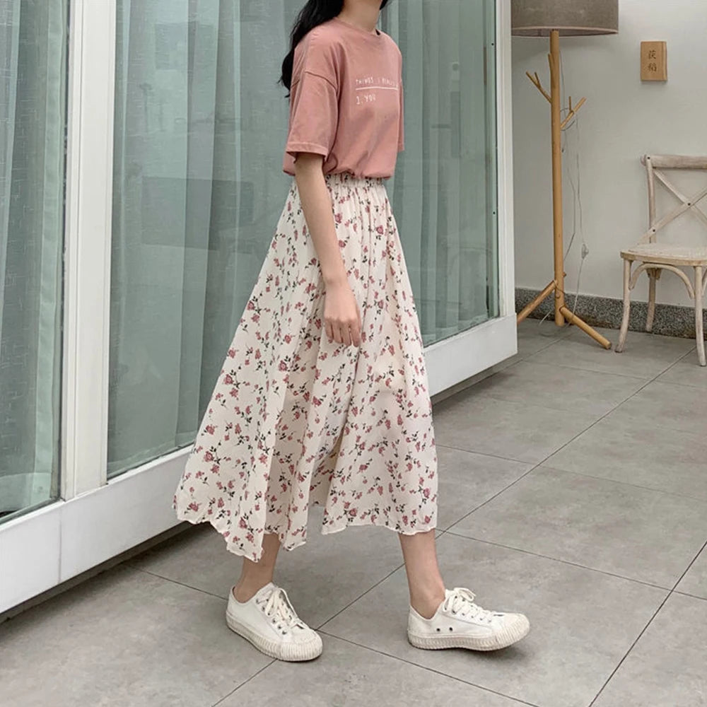 A-line Pleated Long Skirts Summer Women  Elastic Waist Midi Skirt