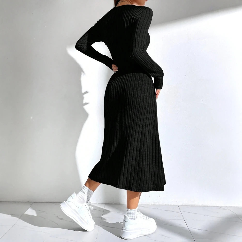 2025 Solid Color Long Sleeve Square Neck Nipped Waists Dresses For Women