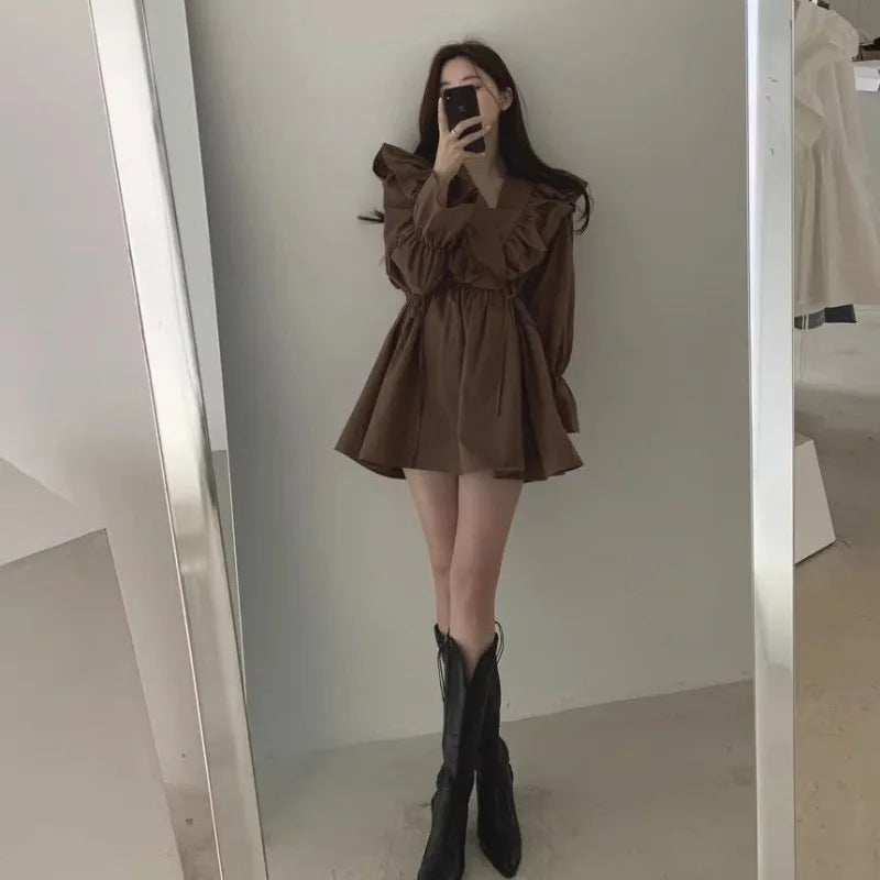 Woman Long Sleeve Dress Tie-up