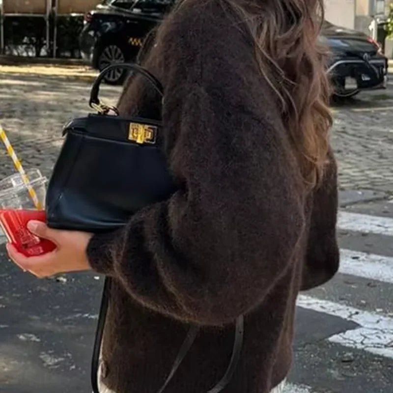 ITOOLIN  Fashion Elegant Women's Knitted Button Jacket Brown Maillard Lazy Knitted Jacket Round Neck Long Sleeve Coats