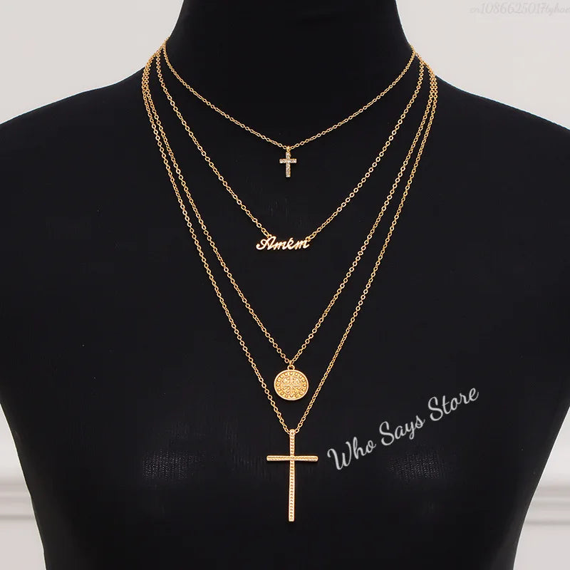 3 Layer Necklace Oval-shaped Virgin Mary Madonna Pendant Jesus Cross Metal Plated Chain Women Gift