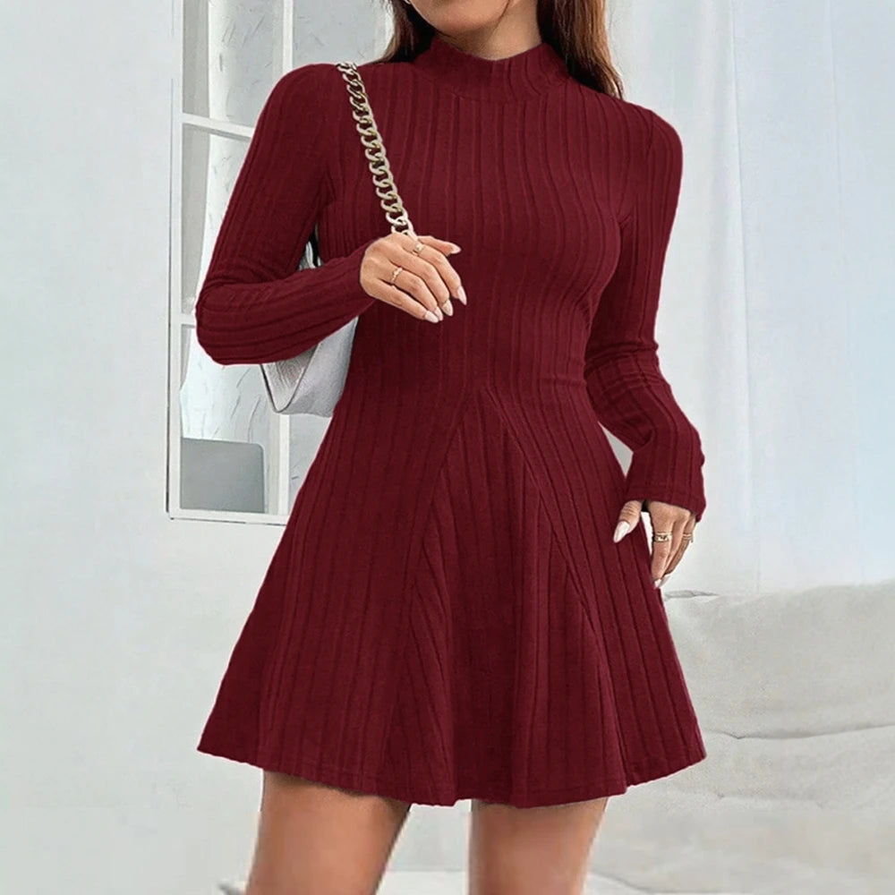 Solid Color Long Sleeve Mock Neck Fitting Slim Dress