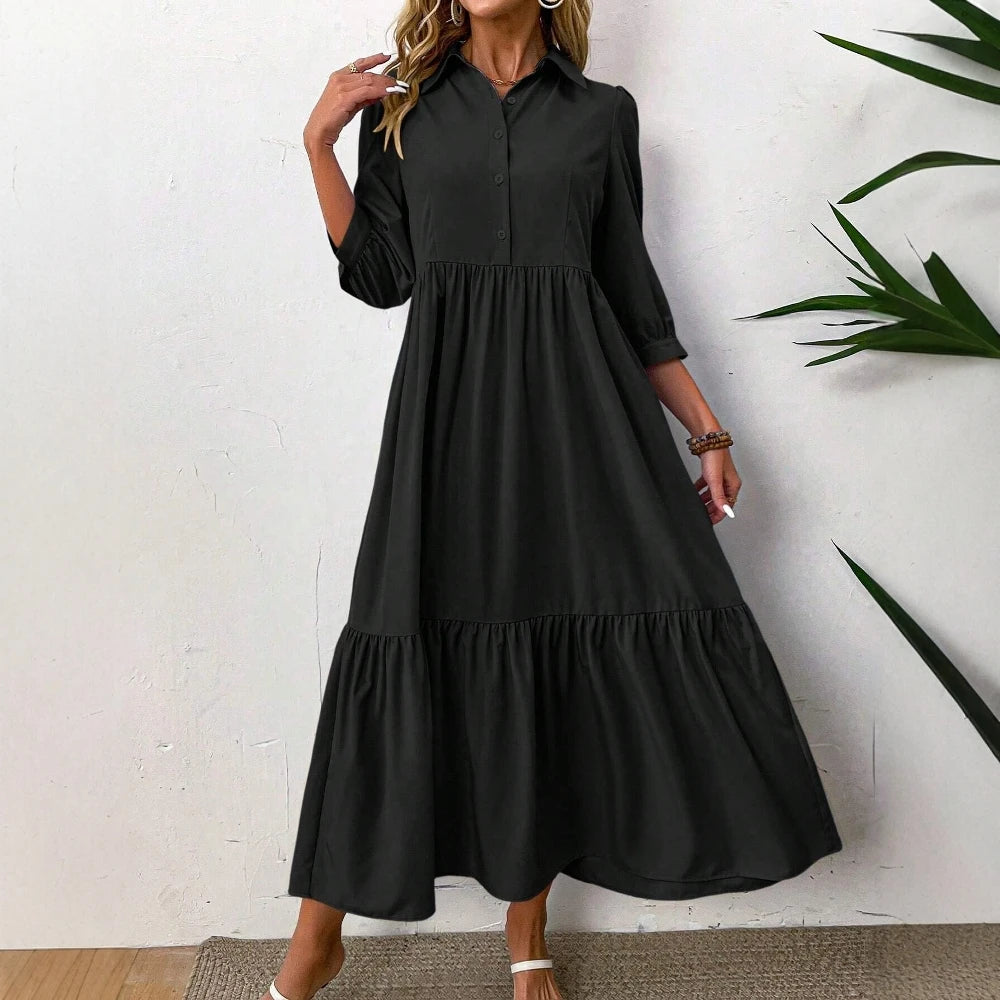 2025 Women's Daily Basic Plain Long Sleeve Lapel Button Regular Fit Dresses