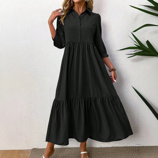 2025 Women's Daily Basic Plain Long Sleeve Lapel Button Regular Fit Dresses