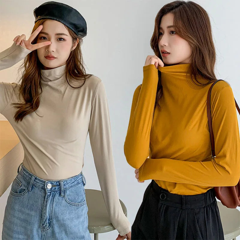 Solid Basic Modal Turtleneck Tshirts Women