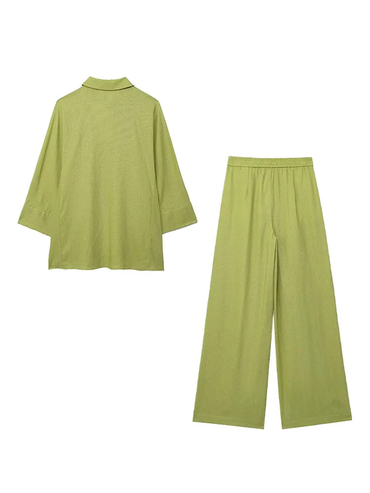 2 Piece Set Elastic Waist Pocket Folds Decorate Wide Leg Pants+Solid Single-Breasted Slit Hem Blouse Top