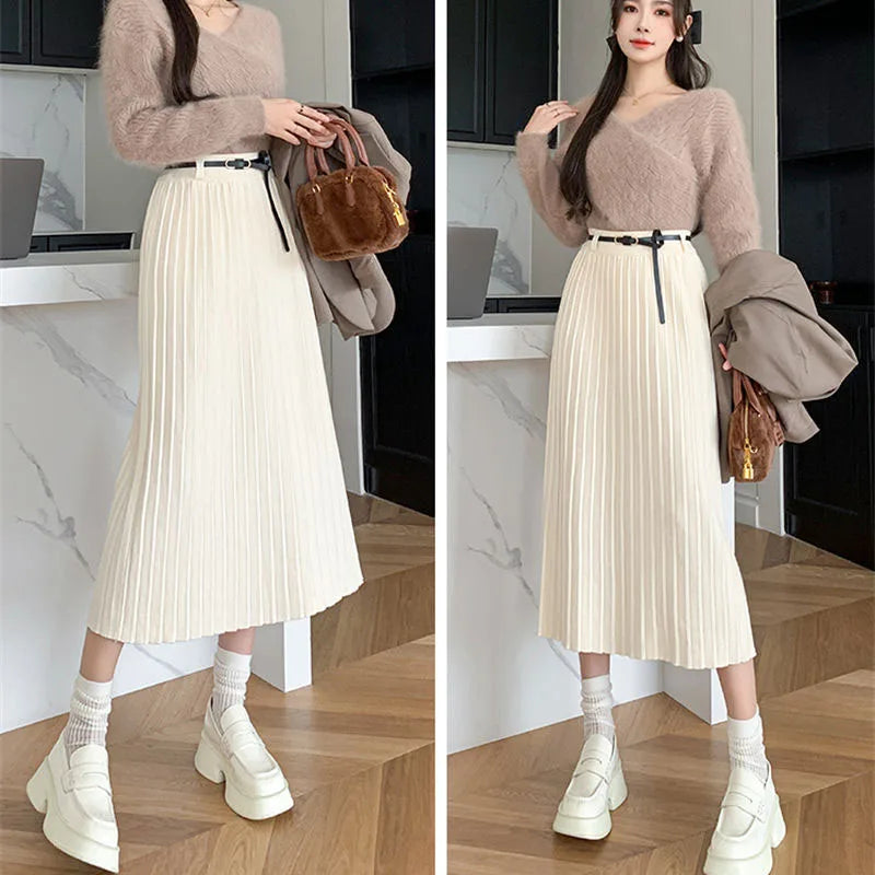 Fashion Temperament Gray Knitted Long Skirt Women Ko