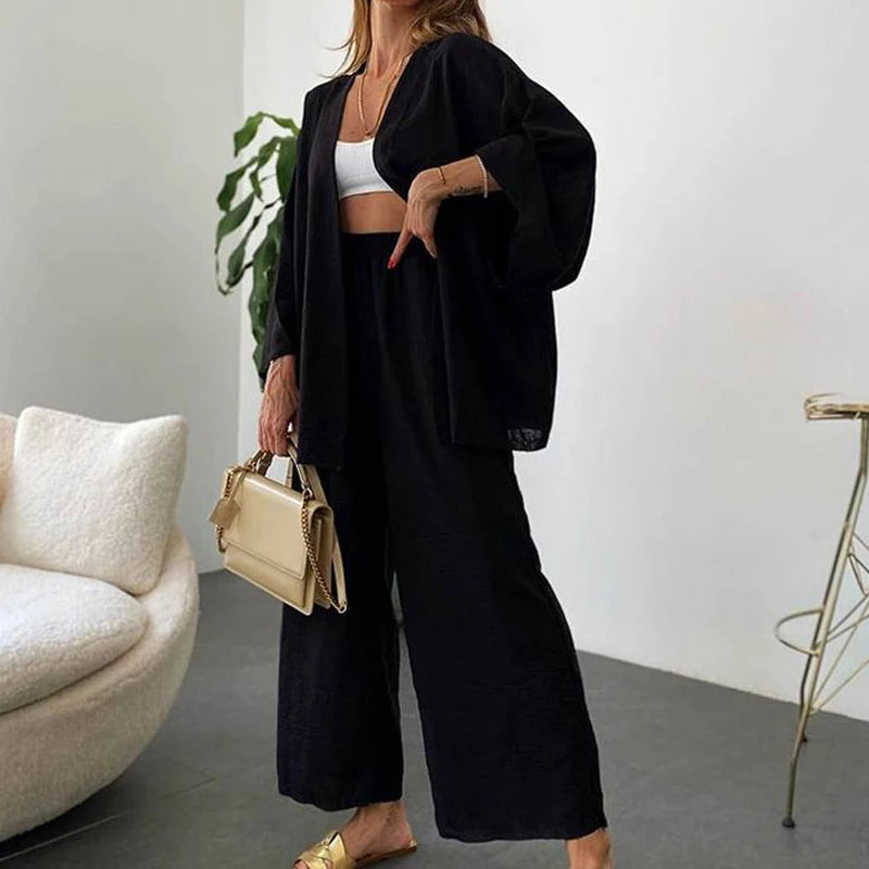 Two-Piece Sets Elegant Female Loose Solid Color Outfits